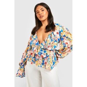 Boohoo Wrap Frill Front Floral Peplum Blouse Womens 16 Blue Ruffle Romantic Boho